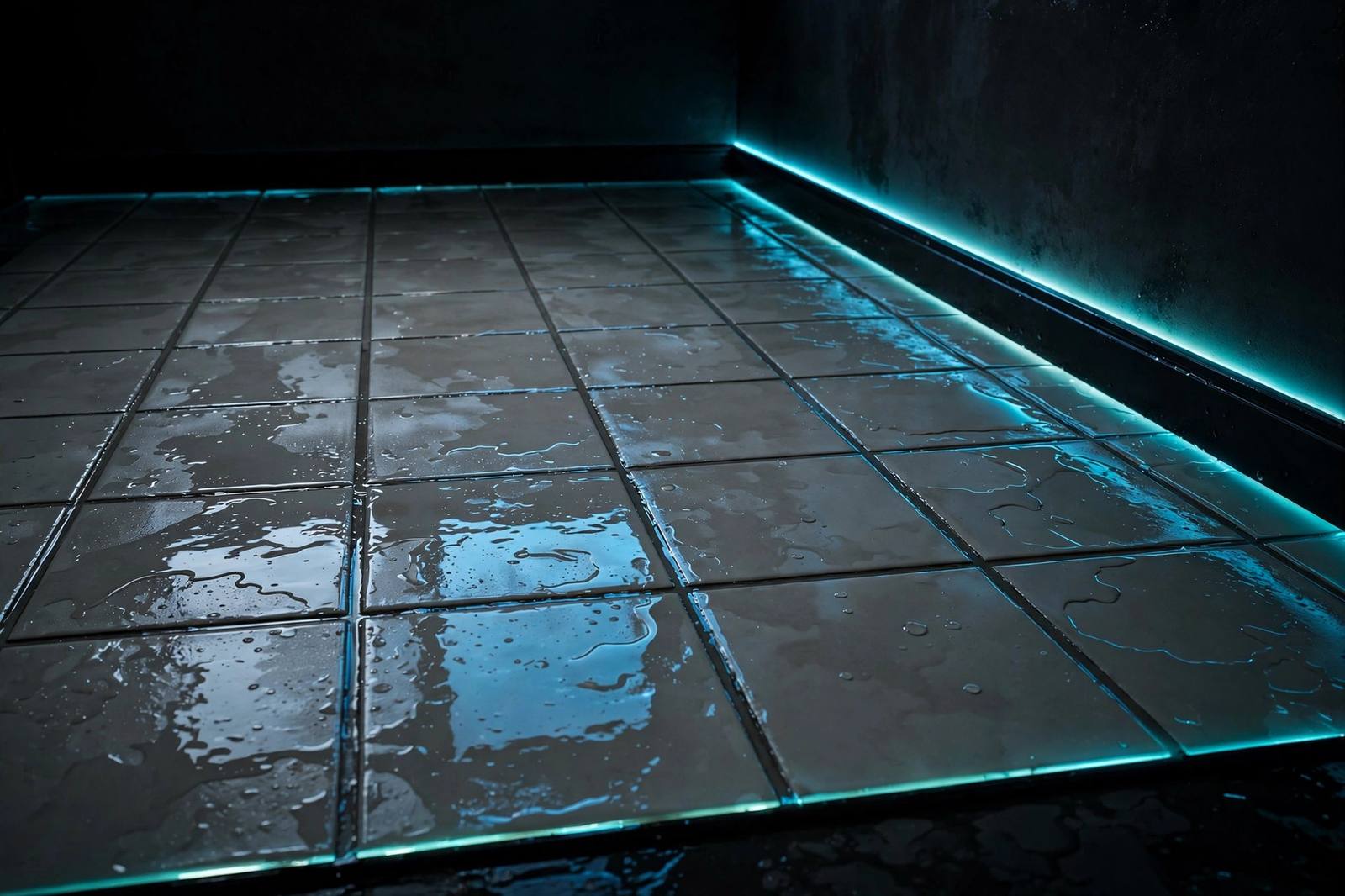 Freshly cleaned tile floor with glossy grout lines